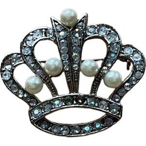 Vintage Rhinestone & Faux Pearl Crown Brooch Pin